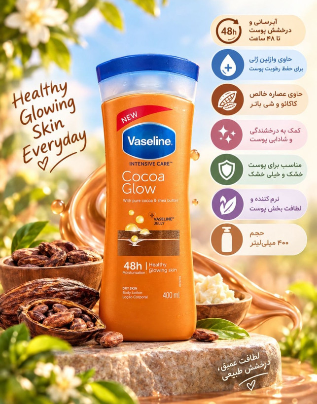 لوسیون بدن وازلین مدل Cocoa Glow حاوی کره کاکائو (حجم ۴۰۰ میلیلیتر)